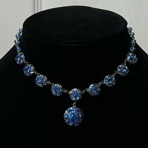 Vintage Rhinestone Designer Signed Statement Necklace Blue and Silver Tone